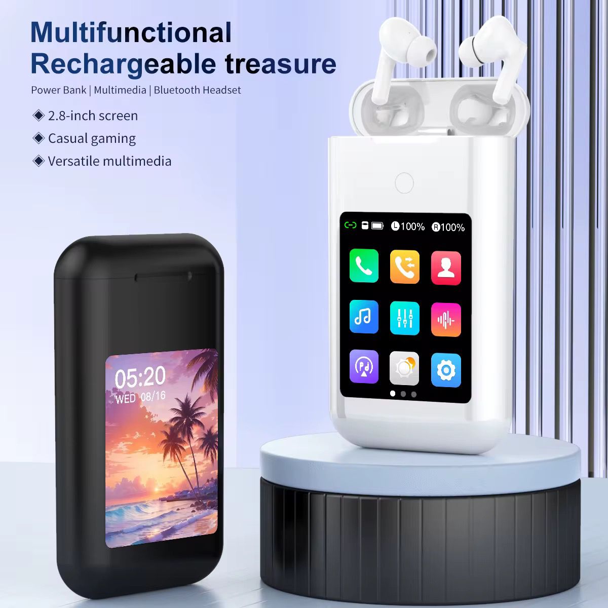 🎧 ÉCOUTEURS BLUETOOTH SMART ÉCRAN TACTILE 2.8’’ – POWER BANK 8000mAh  ⚡ Le coffret intelligent qui fait TOUT.